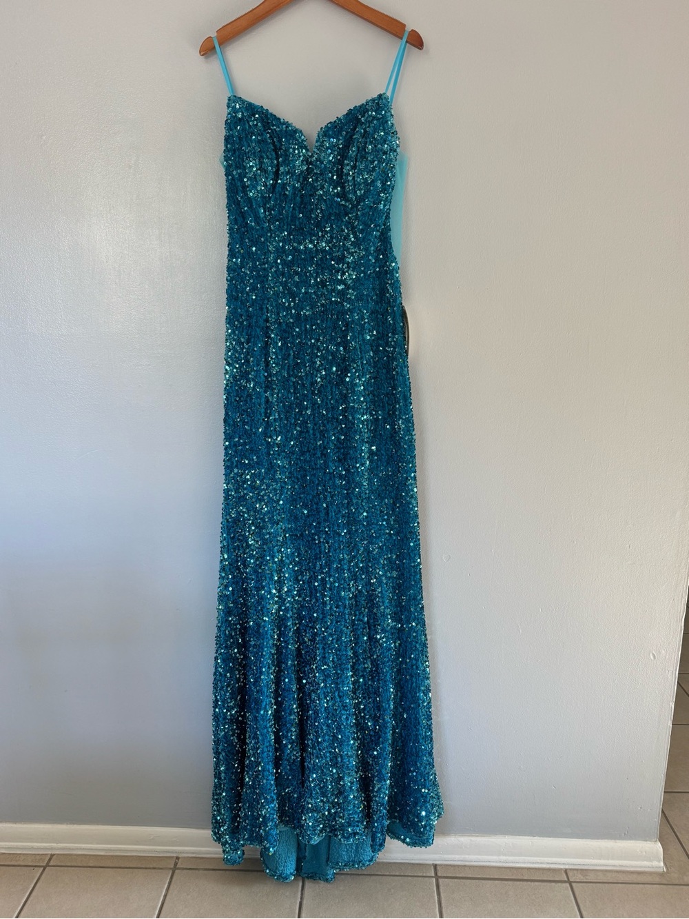 Cinderella Teal Blue Sequin Spaghetti Strap Prom Dress